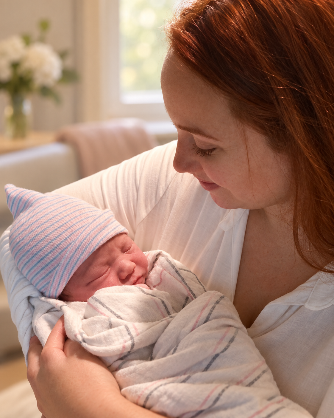 Ana Nogueira holding a swaddled newborn